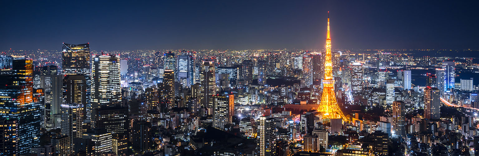 The Tokyo skyline, lit up at night and seen from above.