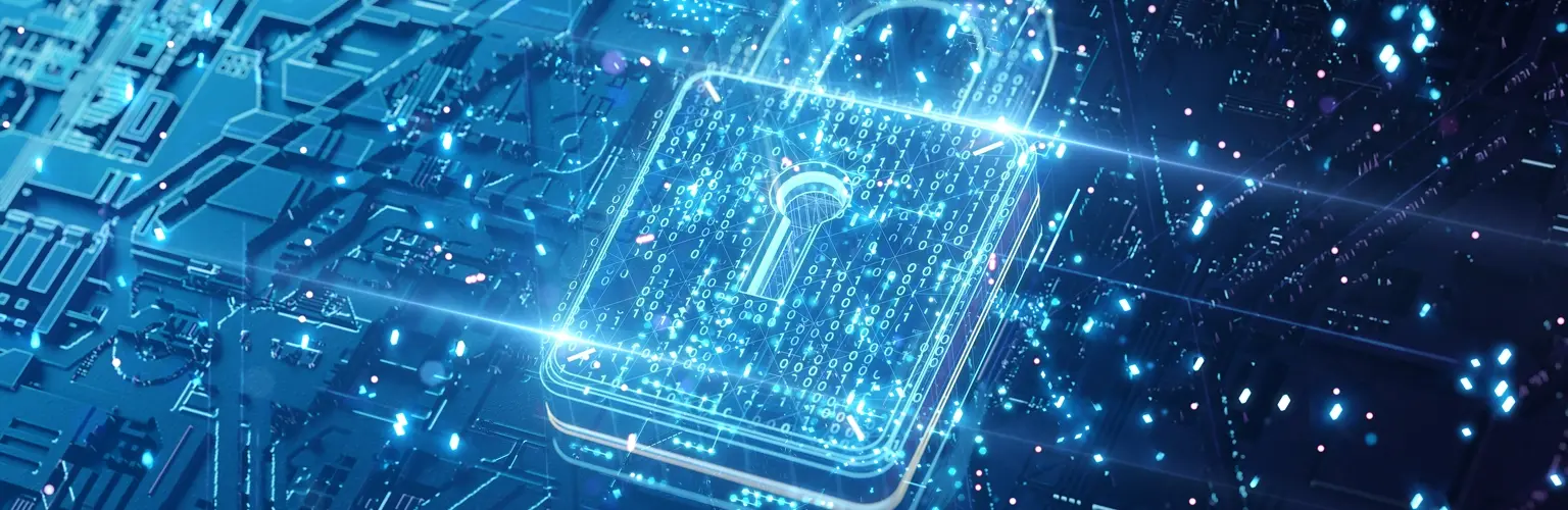Security padlock with binary code and flowing data on futuristic circuit board.